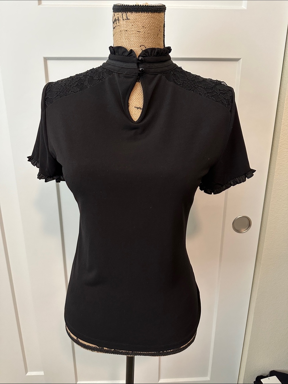 Karl Lagerfeld Black Lace-Trim Mock Neck Top